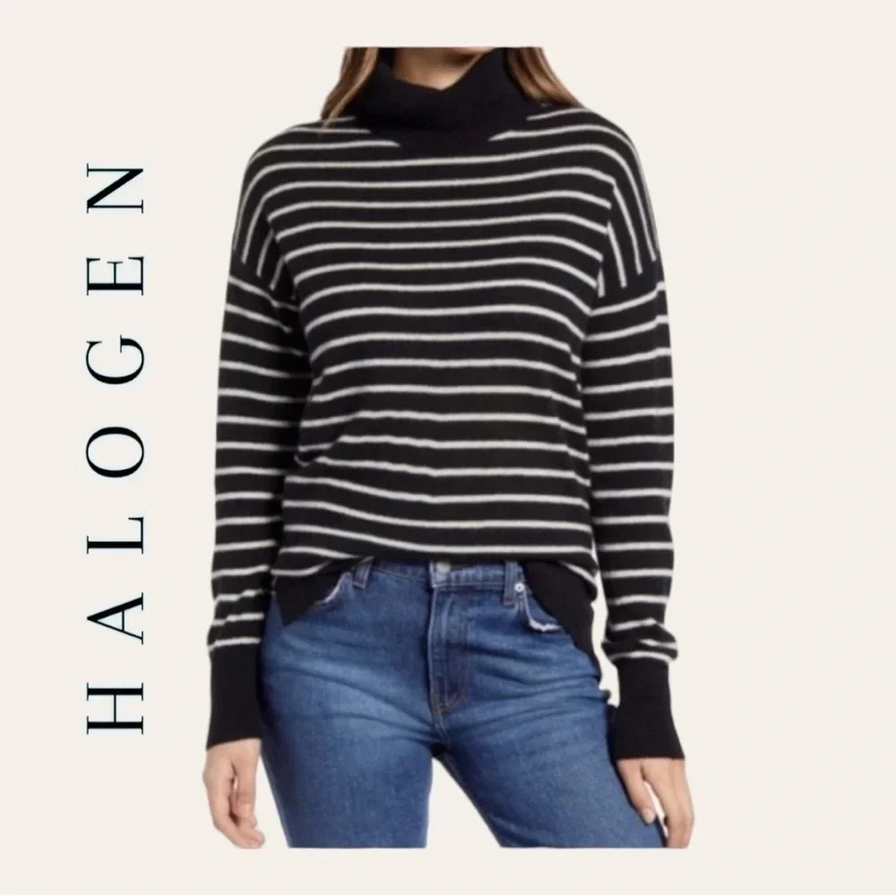 2102. HALOGEN 100% CASHMERE TURTLE NECK SWEATER STRIPES BLACK AND WHITE NWT